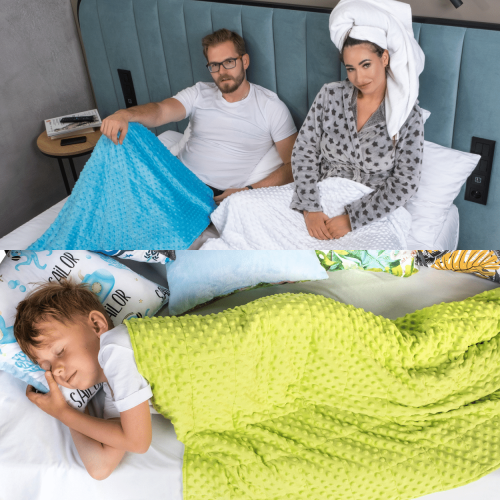 Kołdra terapeutyczna Minky + Minky dla dziecka podczas odpoczynku i wyciszenia